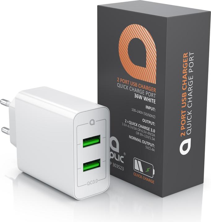 Actual product image Aplic USB charger, 2-port Quick Charge USB charger 36 W / 6000 mA / fast charging function, white (36 W, 2 ports)