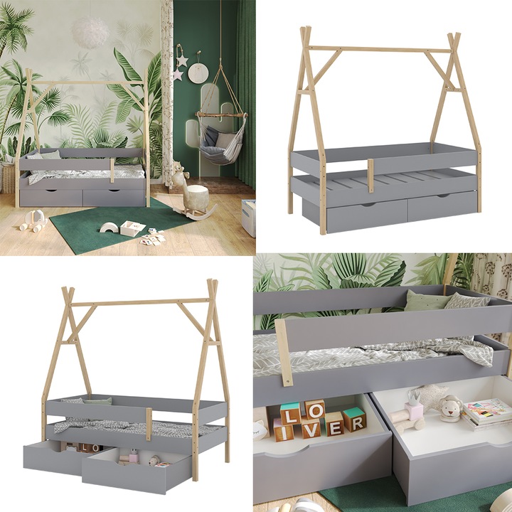 Produktbild VitaliSpa Tipi-Bett Bali, Grau, 80x160 cm mit 2 Schubladen (80 x 160 cm)