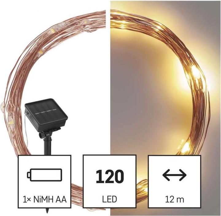 Produktbild Emos LED-Nanokette mit Solarpanel, kupferfarben, 12 m, Aussen und Innen, warm-weiss, Timer (12 m)
