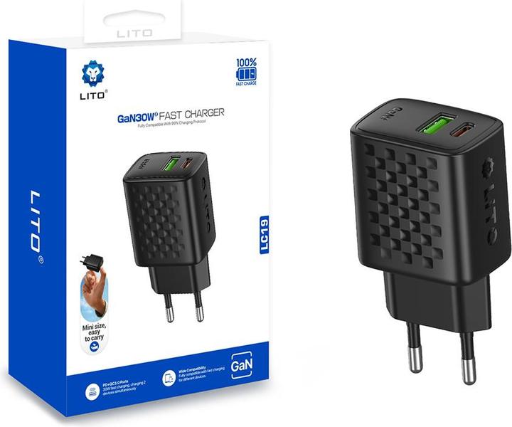 Image du produit Lito - Wall Charger (LC19) - Type-C, USB Output, PD30W, GaN, PC Fireproof, EU Plug - Black (30 W)