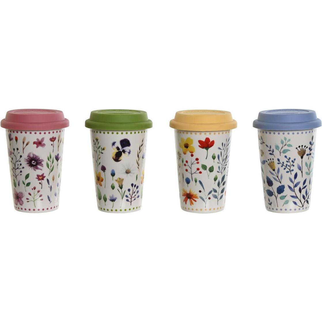 DKD Home Decor Tasse mit Deckel Blomster 400 ml (4 Stück), Tazze, Multicolore