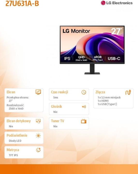 Image du produit LG 27" 27UA631A-B QHD IPS Monitor HDMI USB-C 16:9 (2560 x 1440 pixels, 27")