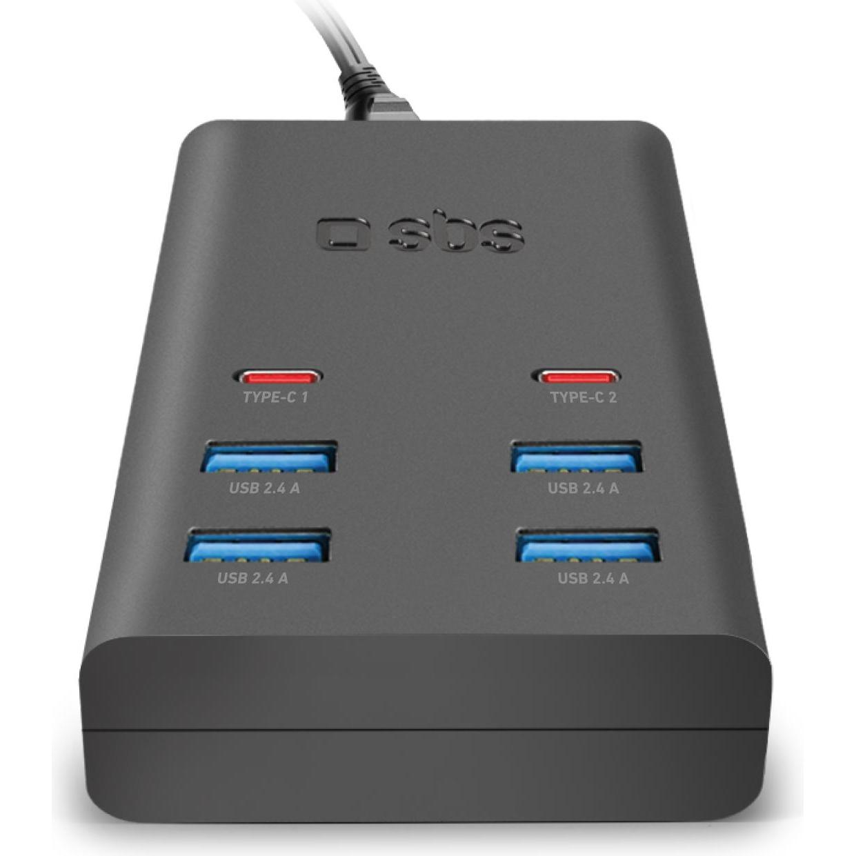 SBS Ladestation mit 4 USB-A- und 2 USB-C-Ports, USB Ladegerät, Schwarz