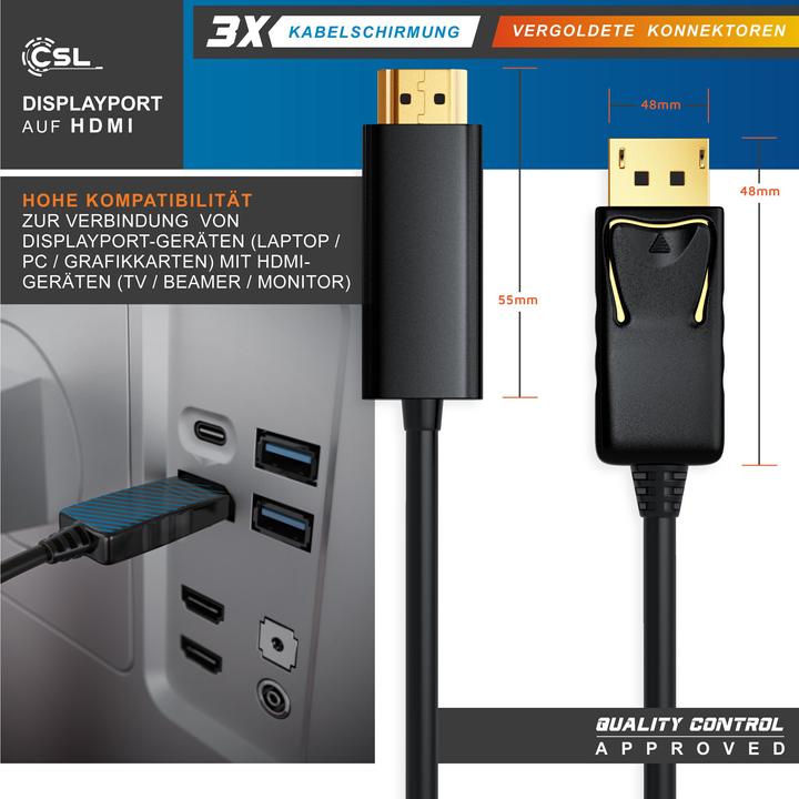 Actual product image CSL DisplayPort to HDMI cable - DP to HDMI - High Speed incl. audio transmission | 1080p Full HD (5 m, DisplayPort, HDMI)
