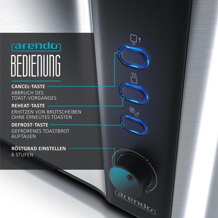 Produktbild Arendo Toaster Edelstahl Langschlitz 2 Scheiben, Doppelwand, Brötchenaufsatz, Display mit Restzeitanzeige