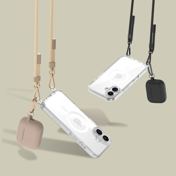 Produktbild Tech-Protect FlexAir Chain MagSafe iPhone 16 Case - Clear + 2 Lanyards (Black & Taupe) (Apple iPhone 16)
