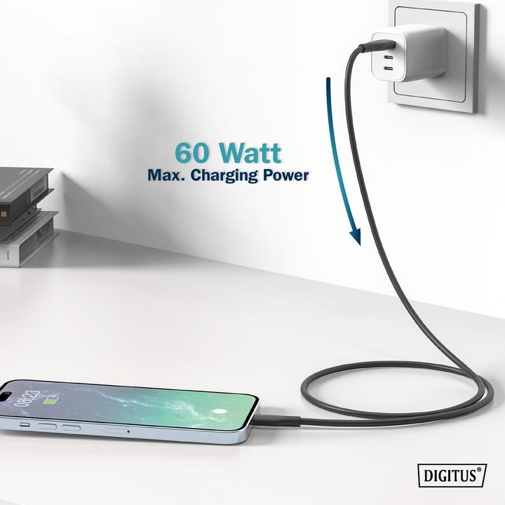 Produktbild Digitus USB-C Silikon Anschlusskabel, 0,5m, schwarz (0.50 m, USB 2.0, 60 W)