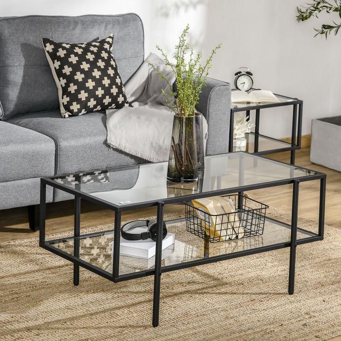 Produktbild Swisshandel24 Beistelltisch Glas Couchtisch mit 3 Regalen mit Stahlrahmen Glas Schwarz 100 x 55 x 45,5 cm