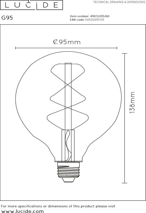 Image du produit Lucide G95 - ampoule à filament - Ø 9,5 cm - dim. LED - E27 - 1x5W 2700K - transparent 49032/05/60 (E27, 4.90 W, 460 lm, 1 x, G)