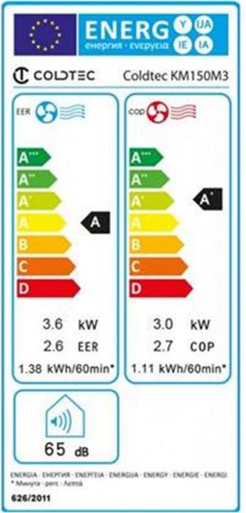 Label énergétique Coldtec by Kibernetik KM150M3 Hot & Cool (60 m², 12300 BTU/h)