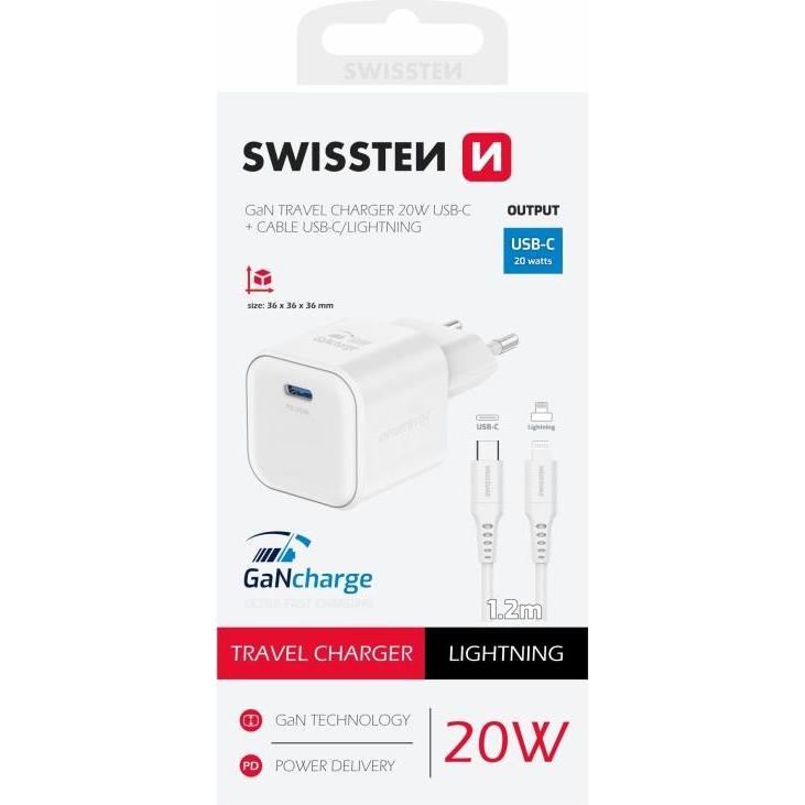 Thumbnail - Swissten Travel Charger Gan 1X USB-C 20W Power Delivery White + Data Cable USB-C/Lightning 1,2M White (20 W), USB Ladege...