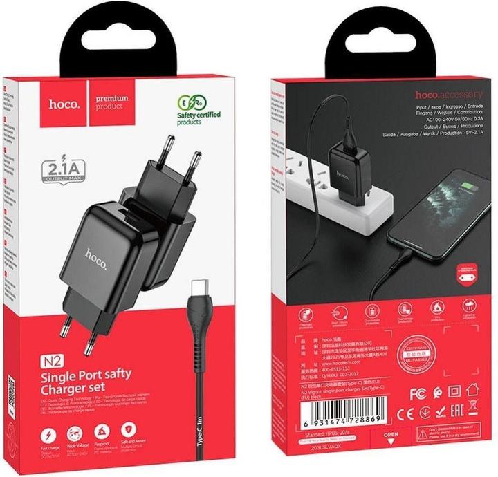 Actual product image Hoco Adapter travel charger USB A + cable USB A to Type C 2.1A N2 black