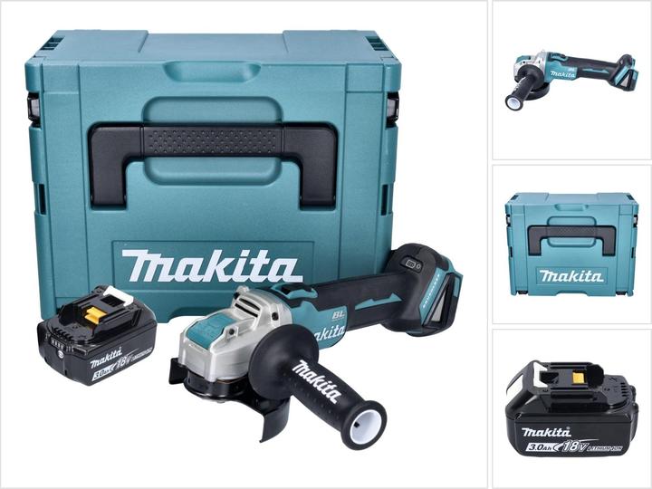 1x Makita DGA 521 cordless angle grinder, 1x additional handle (158237-4), 1x protective cover (347618-9), 1x Makita BL 1830 B 18 V 3.0 Ah battery, 1x Makita Makpac case, 1x matching insert, without charger