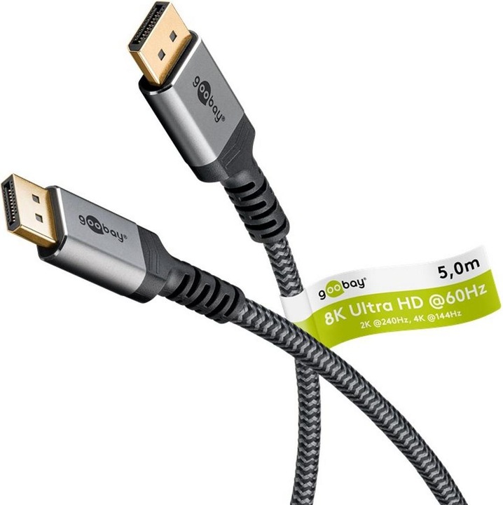 Productafbeelding Goobay DisplayPort-kabel, DP 1.4, 5 m, Sharkskin grijs (5 m, DisplayPort)