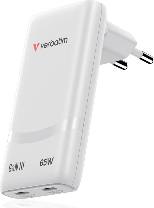 Productafbeelding Verbatim GaN III Fold 'n' Go Charger 2 Port 65W USB-C white (65 W)