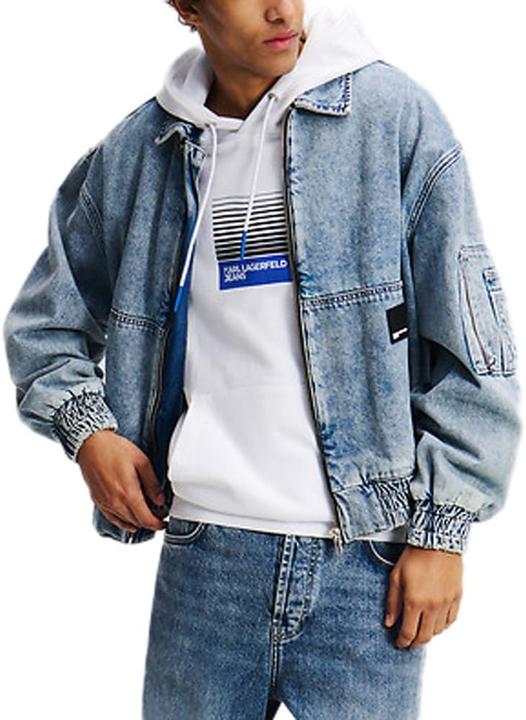 Actual product image Karl Lagerfeld Denim Bomber Jacket with Kangaroo Pocket and Snap-Flap Pockets (XL)