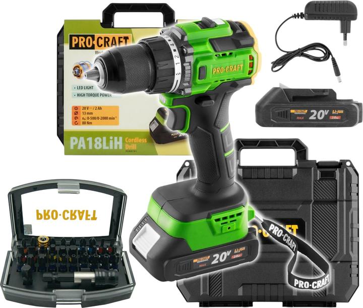Produktbild Procraft PA18LiH-1B-C Akku Bohrschrauber 20 V 80 Nm Brushless + 1x Akku 2,0 Ah + Ladegerät + 32 (Bohrschrauber)