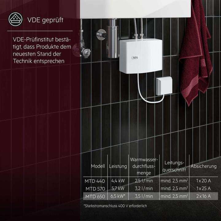 Actual product image AEG Haustechnik MTD 650 Hydraulic small instantaneous water heater for hand basin only, 6.5 kW, without plug, VDE