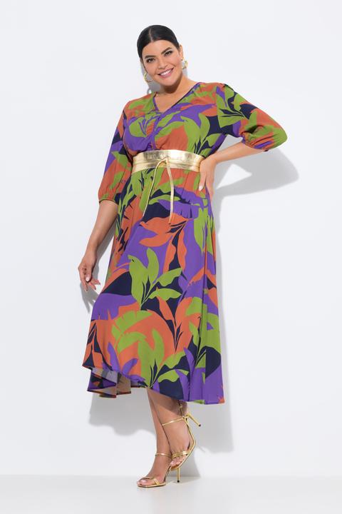 Image du produit Ulla Popken Robe midi coupe évasée, motif feuilles, décolleté en V et manches 3/4 (52)