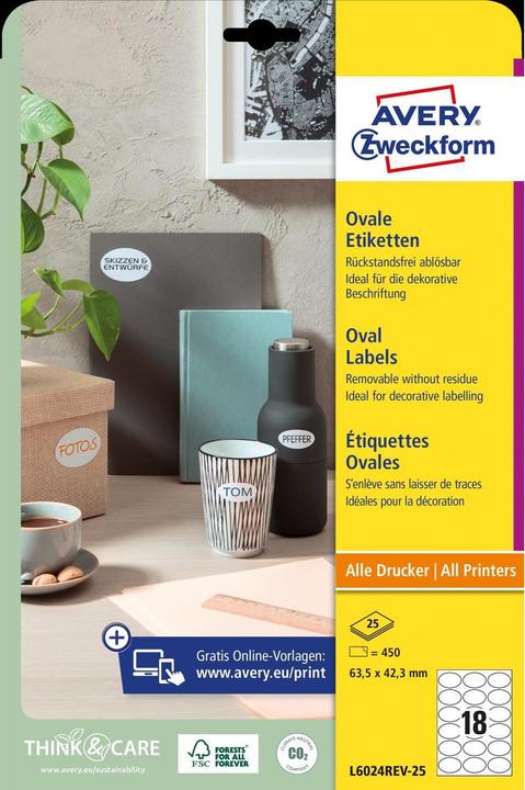 Produktbild Avery Ovale Etiketten, ablösbar
