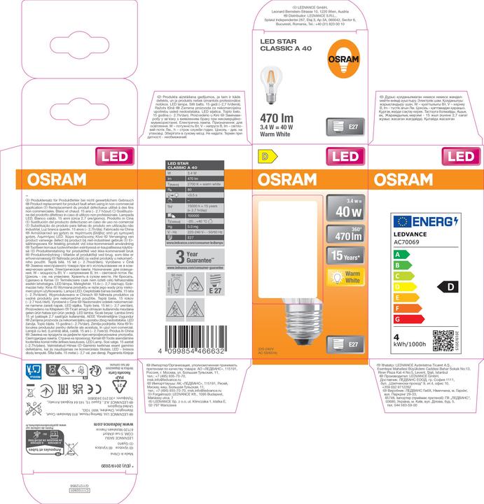 Image du produit Osram LED Leuchtmittel LED Retrofit CLASSIC A 3.4W 827 Clear E27 Warm weiss 4099854466632 (E27, 470 lm, 6x)