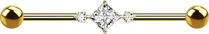 Produktbild Star Piercing Barbell vergoldet mit zwei Kugeln zwei runde Kristalle mittig ein quadratischer Kristall (ohne Messing, Titan)