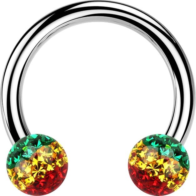 Actual product image Star Piercing Circular barbell silver with two crystal balls Rasta epoxy protective layer (without brass, Surgical steel 316L)
