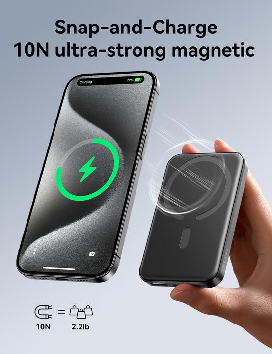 Actual product image Joyroom Powerbank JR-W020 Mini 5000mAh USB-A USB-C inductive 20W - black + USB-C / USB-C cable (5000 mAh, 20 W, 18.50 Wh)