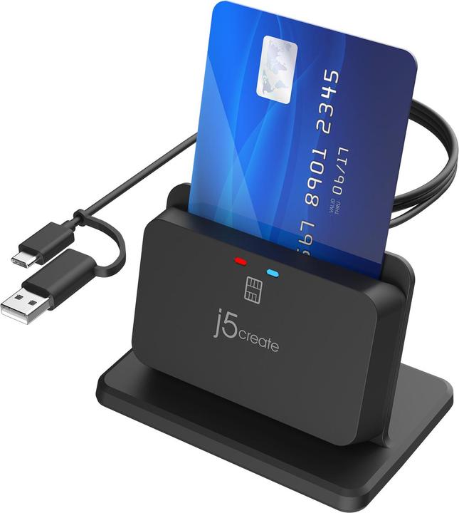 Actual product image j5Create JUR261 USB™ Smart Card / CAC Reader Stand, USB Type-A/USB Type-C, Black, 95 g (USB 2.0, USB-C 3.2 Gen 1)