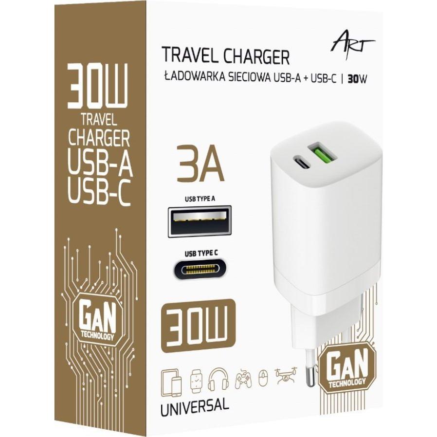 Art Ładowarka ŁADOWARKA SIECIOWA GaN PD/QC 4.0 1x USB-C 1x USB-A 30W (30 W, 2 porte), Caricatore USB