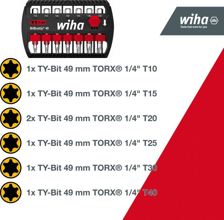 Actual product image Wiha BitBuddy 7-piece bit set I TY bit 49 mm I TORX 1/4" E6.3 I Accessories for screwdriving applications (Hexagon socket TX M20, Hexagon socket TX M30, Hexagon socket TX M10, Hexagon socket TX M15, Hexagon socket TX M25, Hexagon socket TX M40)