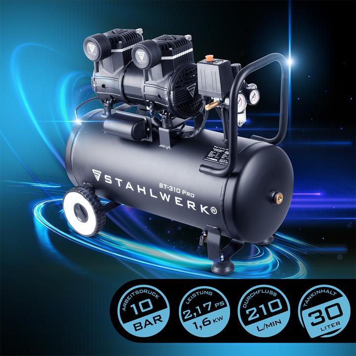 Produktbild Stahlwerk Kompressor ST-310 Pro Vollausstattung – ölfreier Flüster-Kompressor (30 l, 8 Bar)
