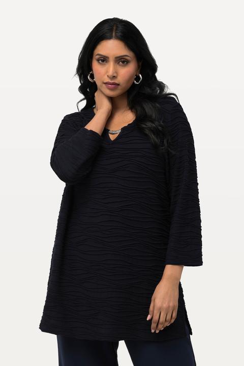 Image du produit Ulla Popken T-shirt à col rond et manches 3/4, texture ondulée, découpe fantaisie (42, 44)