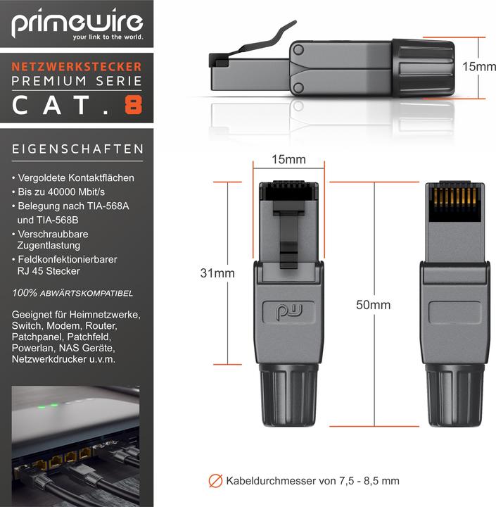 Image du produit Primewire 6x connecteur réseau RJ45 CAT 8 câblable sur le terrain, CAT8 connecteur pour câble LAN câble réseau (Câble réseau Connecteur)