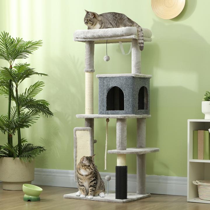 Produktbild PawHut Kratzbaum Spanplatte, Polyester Hellgrau (132 cm, Hellgrau+Cremeweiss)