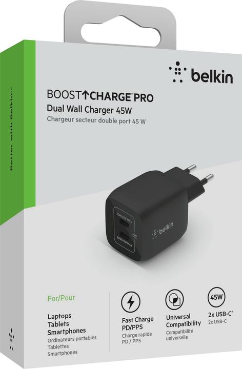 Actual product image Belkin Dual USB-C GaN Ladegerät mit Power Deliver und PPS Technologie (45 W, 2 ports)