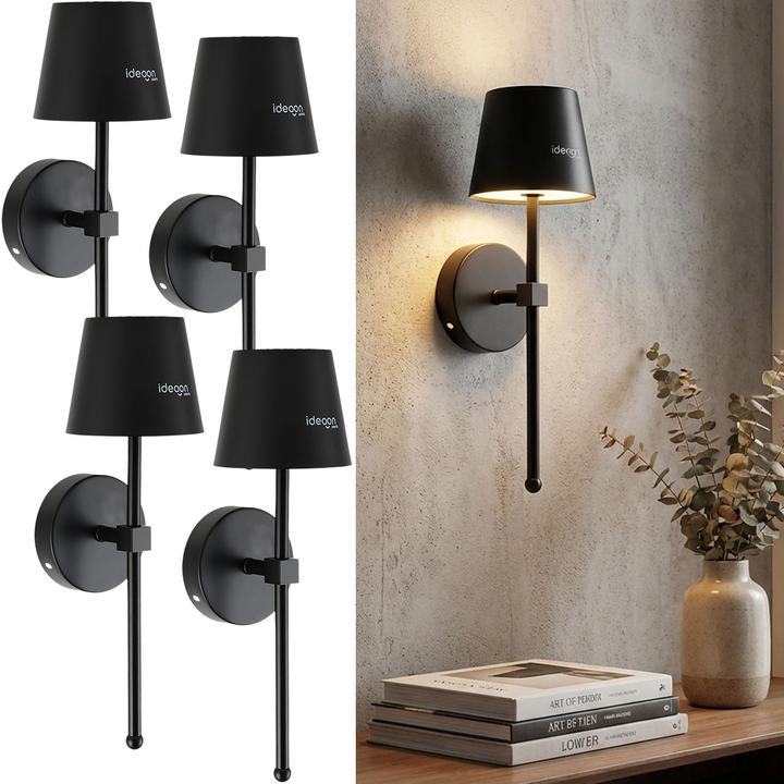 Ideoon 4er-Set Elegante LED Wandleuchte kabellos mit Fernbedienung: Akku Wandlampe dimmbar in Schwarz (180 lm)
