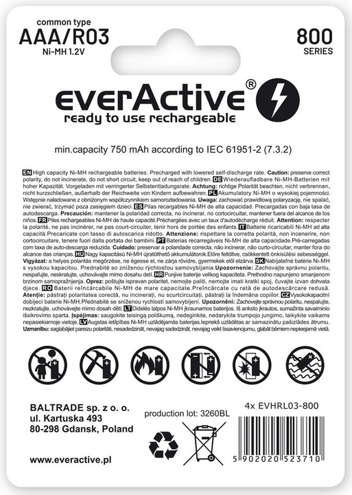 Productafbeelding Everactive Oplaadbare batterijen Ni-MH R03 AAA 800 mAh Silver Line - Batterij - Micro (AAA) (2 Pcs., AAA, 800 mAh)