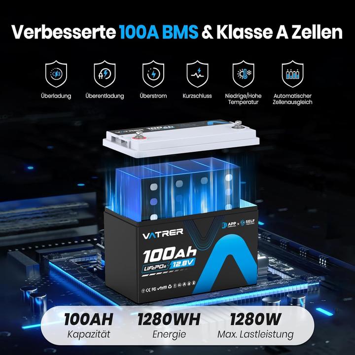 Produktbild Vatrer Power LiFePO4 12V 100Ah Lithium-Akku mit Bluetooth (12 V, 100 Ah)