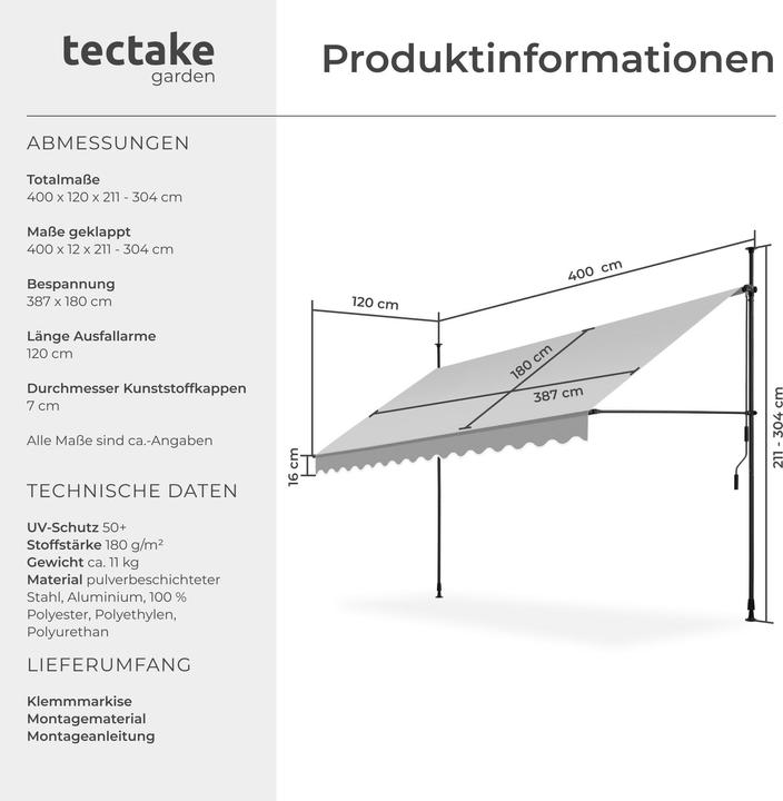 Produktbild tectake Klemmmarkise mit Handkurbel, höhenverstellbar (4 m)
