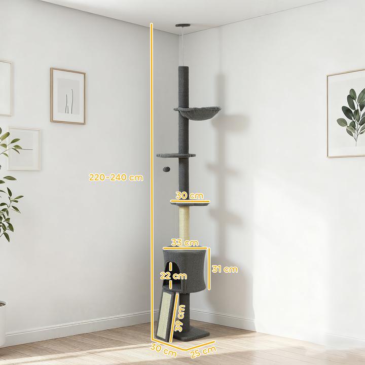 Produktbild PawHut Kratzbaum Spanplatte, Polyester Dunkelgrau (220 cm, Dunkelgrau)
