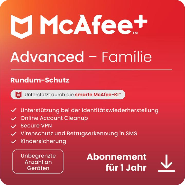 McAfee + Advanced - Familie (Unbegrenzte Anzahl von Geräten) (1 User, 1 Devices/Users, 12 months)
