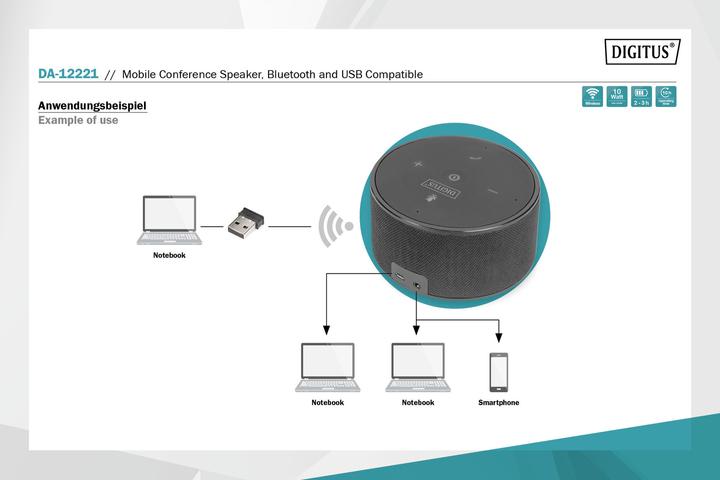 Actual product image Digitus Mobile Conference Speaker, Bluetooth and USB comptible (10 h, Battery operated)