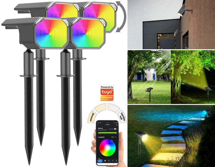 Actual product image Luminea Smart solar spotlights, RGB CCT LED, 100 lm, 2,200 mAh, 1 W, IP65, set of 4 (100 lm, IP65)
