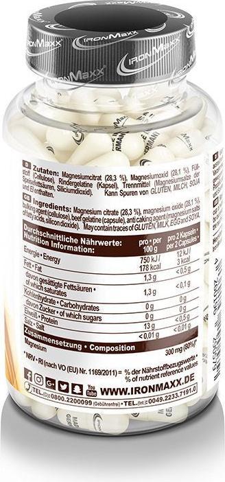 Nutritional values and ingredients IronMaxx Mg-Magnesium (130 Piece, Capsules, 500 g)