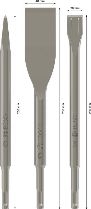Bosch Professional Zubehör 3-piece chisel set, SDS plus, 0/20/40 mm (250 mm)