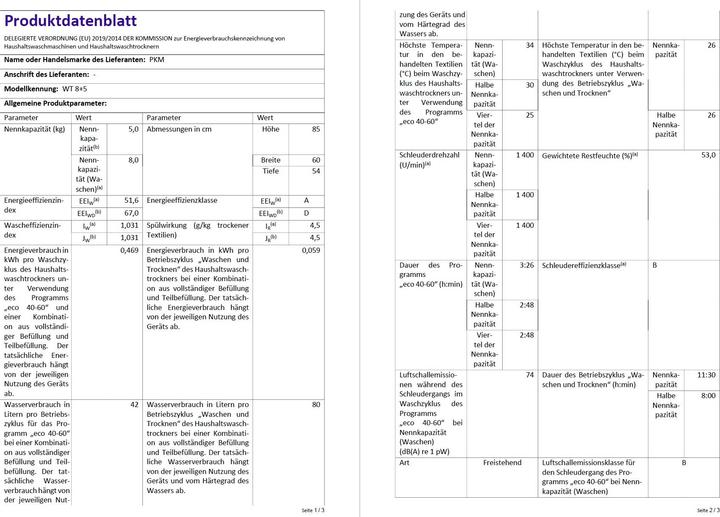 Produktbild PKM Waschtrockner WT8+5 Steam Funktion 8 kg waschen und 5 kg trocknen