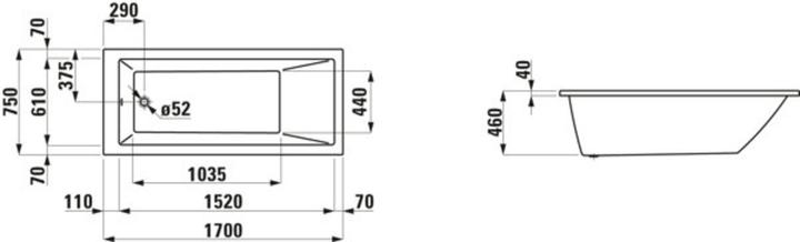 Produktbild Laufen Einbau-Badewanne PRO 1695x755mm weiss (185 l, 169.50 cm, 75.50 cm)