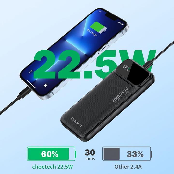 Produktbild Choetech Powerbank B729 20000mAh 22.5W PD USB-A / USB-C - black (20000 mAh, 22.50 W, 74 Wh)