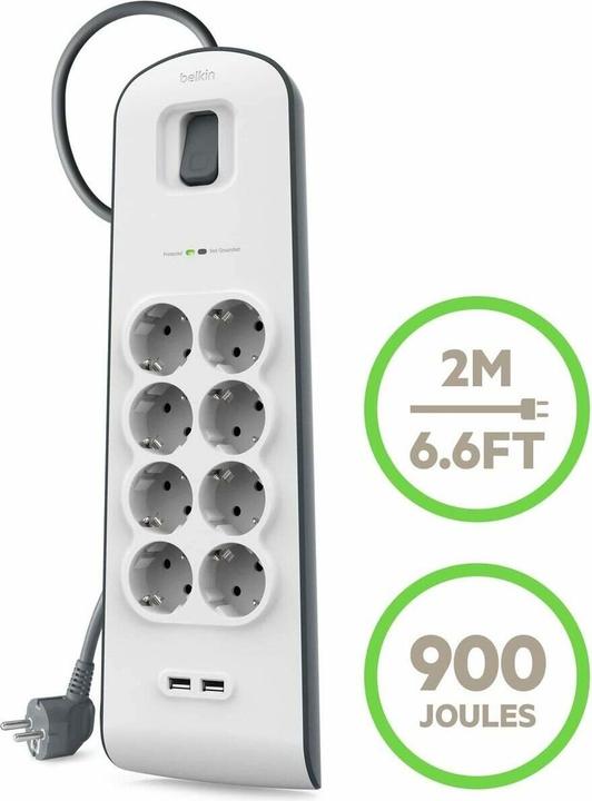 Actual product image Belkin Steckdosenleiste 8-fach 2 Meter Netzkabel BSV804vf2M-V2 (8x, CEE 7/4, USB-A, 2 m)